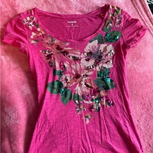 Express Fuchsia Floral Sequin Women's Tee